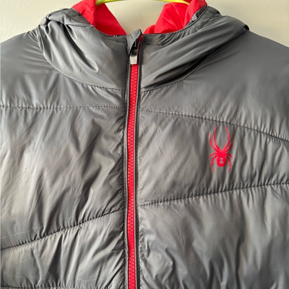Spyder Men Charcoal and Crimson Puffer Jacket - Picture 3 of 14